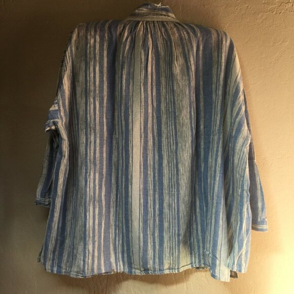 Tancredi & Morgen Top Women's High Neck Button Front Blue Striped Shirt Blouse - Picture 2 of 6